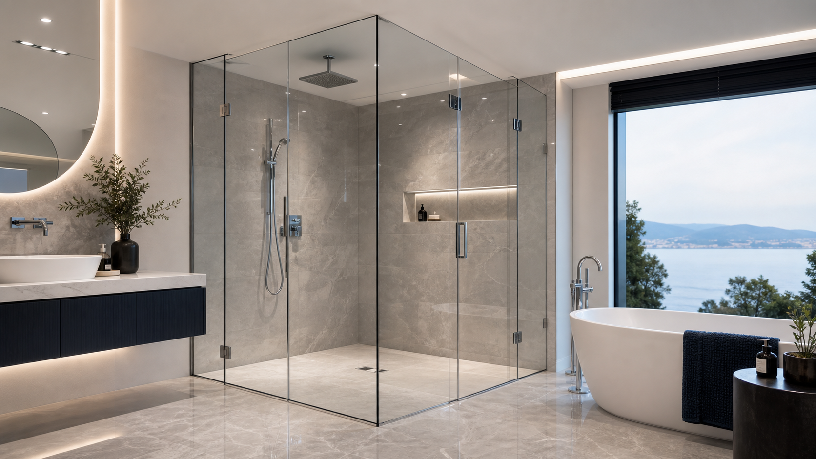 Frameless glass shower in a luxury bathroom
