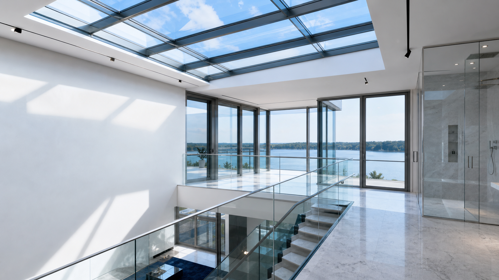 Modern interior with glass balustrades and aluminium skylight
